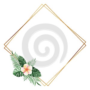 Watercolor gold rhomb frame with tropical flowers isolated on white background photo