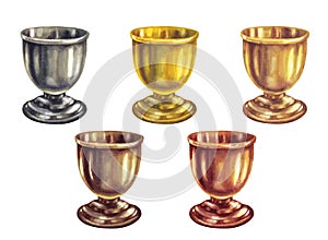 Watercolor gold, silver, bronze, brass, copper candlesticks with metal texture in vintage style for Christmas, New Year