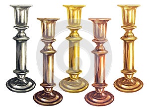 Watercolor gold, silver, bronze, brass, copper candlesticks with metal texture in vintage style for Christmas, New Year