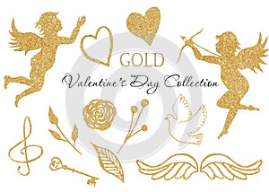 Watercolor golden angel, heart, dove, wings, treble clef, golden key.