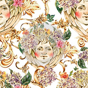 Watercolor golden baroque angel seamless pattern with hydrangea and wildflowers, rococo ornament