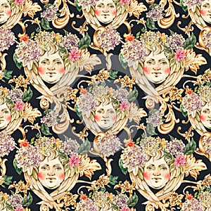 Watercolor golden baroque angel seamless pattern with hydrangea and wildflowers, rococo ornament