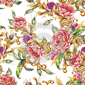 Watercolor golden baroque floral curl with blooming flowers seamless pattern. Roses and Peonies, rococo texture