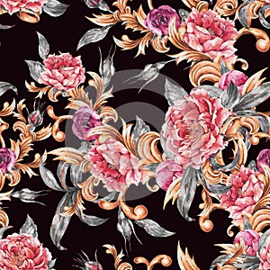 Watercolor golden baroque floral curl with blooming flowers seamless pattern. Roses and Peonies, rococo texture