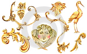 Watercolor golden baroque floral curl, rococo ornament element. Hand drawn gold scroll, leaves, crane, angel photo