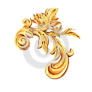 Watercolor golden baroque floral curl, rococo ornament element. Hand drawn gold scroll, leaves isolated on white background