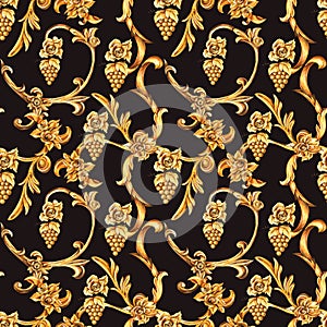 Watercolor golden baroque seamless pattern of floral curl, rococo ornament element. Hand drawn gold scroll, leaves texture