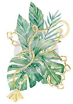 Watercolor golden chain, rope and tropical leaves illustration. Design arragement for greeting card, insparation, template