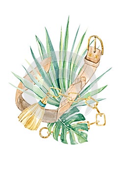 Watercolor golden chain and tropical leaves illustration. Design arragement for greeting card, insparation, template