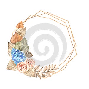 Watercolor golden frame with dried tropical leaves, gentle roses and pampas. Botanical floral design card. Beige, green, orange