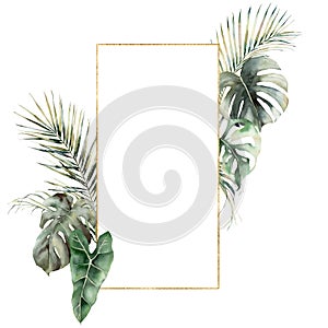 Watercolor golden frame with monstera and palm leaves. Hand painted tropical card with philodendron isolated on white