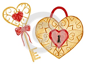 Watercolor golden heart lock and key with bow isolated on white background. For various products, valentine's day