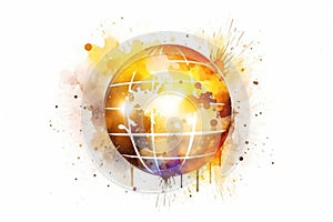Watercolor golden neon Disco Ball with aquarelle splashes and stains. Illustration isolated on white background. Ideal