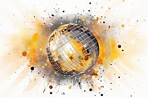 Watercolor golden neon Disco Ball with aquarelle splashes and stains. Illustration isolated on white background. Ideal