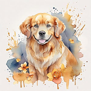 Watercolor Golden Retriever Clipart with orange flowers and blue background, aquarela, colorfully. AI Generative photo