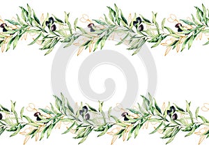 Watercolor and golden sketch seamless border with olive branch and leaves. Hand painted floral illustration isolated on