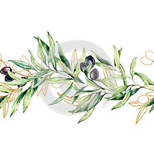 Watercolor and golden sketch seamless border with olive leaves and branch. Hand painted floral illustration isolated on