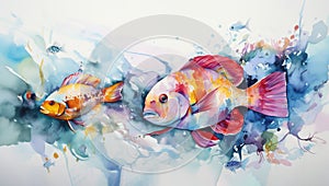 Watercolor Goldfish Swimming in Water