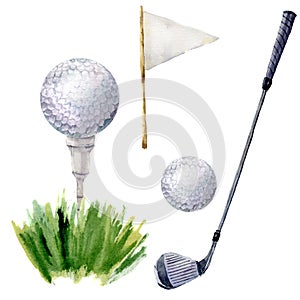Watercolor golf elements set. Golf illustration with tee, golf club, golf ball, flagstick and grass isolated on white