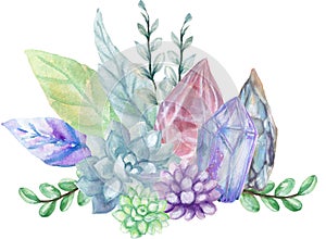 Watercolor gouache elegant vintage Crystal Stone and Gemstones with flower succulants and foliage leaf bouquet wreath hand painted photo