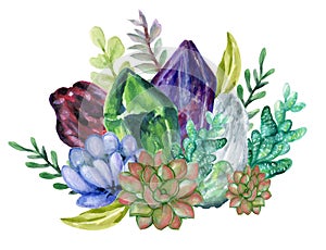 Watercolor gouache elegant vintage Crystal Stone and Gemstones with flower succulants and foliage leaf bouquet wreath hand painted photo