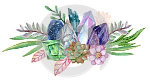 Watercolor gouache elegant vintage Crystal Stone and Gemstones with flower succulants and foliage leaf bouquet wreath hand painted