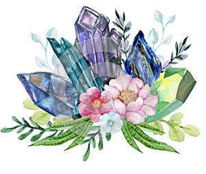 Watercolor gouache elegant vintage Crystal Stone and Gemstones with flower succulants and foliage leaf bouquet wreath hand painted photo