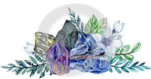 Watercolor gouache elegant vintage Crystal Stone and Gemstones with flower succulants and foliage leaf bouquet wreath hand painted photo