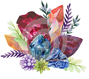 Watercolor gouache elegant vintage Crystal Stone and Gemstones with flower succulants and foliage leaf bouquet wreath hand painted photo