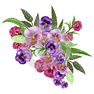 Watercolor gouache elegant vintage pansy pink blue purple bouquet label frame border bouquet flower hand painted