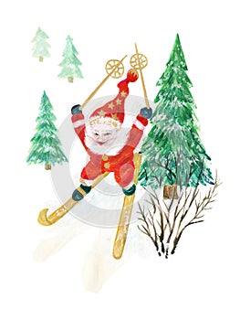 Watercolor gouache Santa Claus skier with skis in the woods fir forest christmas tree winter season on white