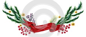 Watercolor Gouache vintage retro hand painted Christmas wreath frame decorative fir tree branches and red Ribbon for winter