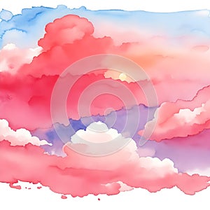 Watercolor gradient pastel background sunset clouds. Light pastel pink and red sky with color clouds. Watercolor illustration of
