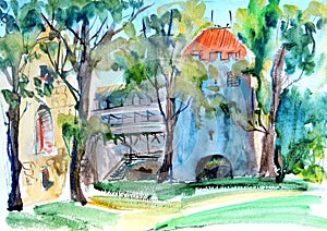 Watercolor graphic color sketch of the ruins of the castle in Sigulda in Latvia