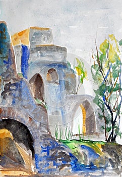 Watercolor graphic color sketch of the ruins of the castle in Sigulda in Latvia