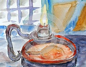 Watercolor graphic drawing of an old wrought-iron lamp with a candle