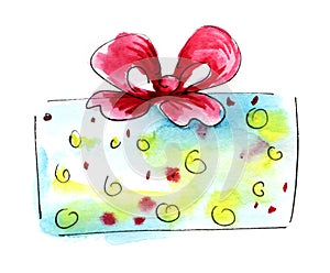 Watercolor graphic element. Light blue yellow dots Gift box with a magnificent bow. Hand drawn on paper sketch illustration