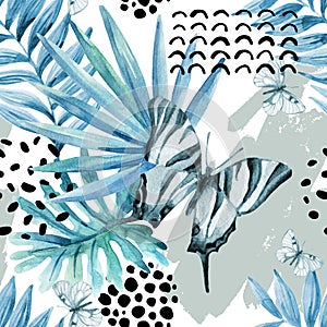 Watercolor graphical illustration: exotic butterfly, tropical leaves, doodle elements on grunge background.