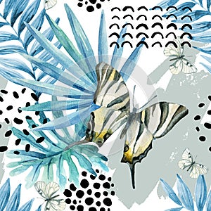 Watercolor graphical illustration: exotic butterfly, tropical leaves, doodle elements on grunge background.