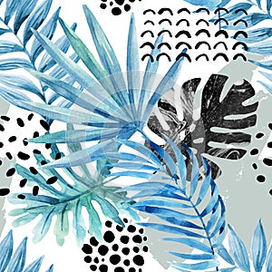 Watercolor graphical illustration: tropical leaves, doodle elements on grunge background. photo