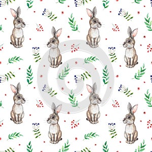 Watercolor gray Hare on white background. Seamless pattern with Cute grey Rabbit,green leaves,berries.