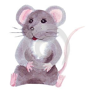 Watercolor gray mouse in cartoon style isolated on white background. Art element. Watercolor painting. White color