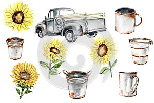 Watercolor gray truck, rusty garden equipment and yellow sunflowers, hand drawn illustration of old car and summer flowers..