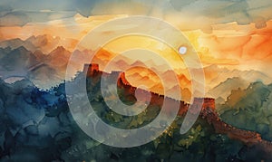 Watercolor Great wall under sunshine during sunset