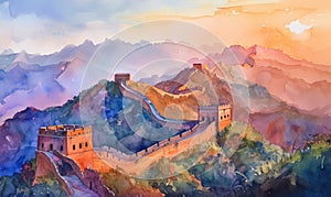 Watercolor Great wall under sunshine during sunset