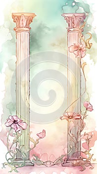 Watercolor greek columns with flowers on watercolor background. Vector illustration.