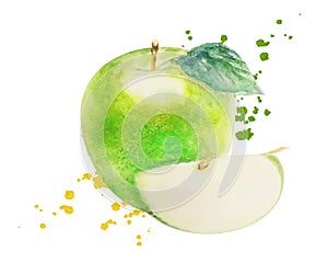 Watercolor Green Apple Isolated White Background