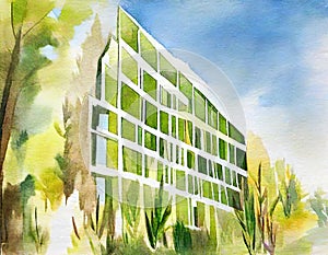 Watercolor of a green architect is seen in a sustainable building