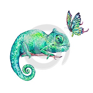 Watercolor green chameleon with butterflies