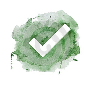 Watercolor green check mark. Concept of correct decision